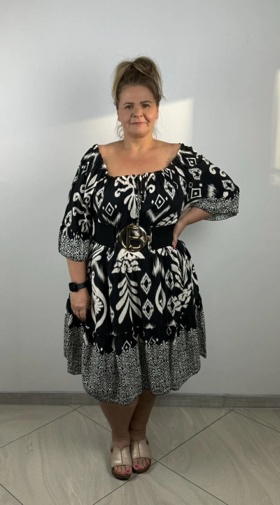 Sukienka wiskozowa hiszpanka na wiązanie wzory greckie - czarna