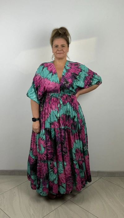 Sukienka maxi chłodząca jedwabna,etniczny wzór w szpic-turkus z różem