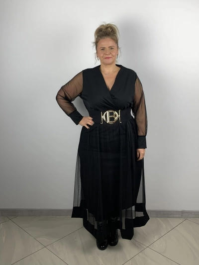 Sukienka maxi jednokolorowa czarna z  tiulem